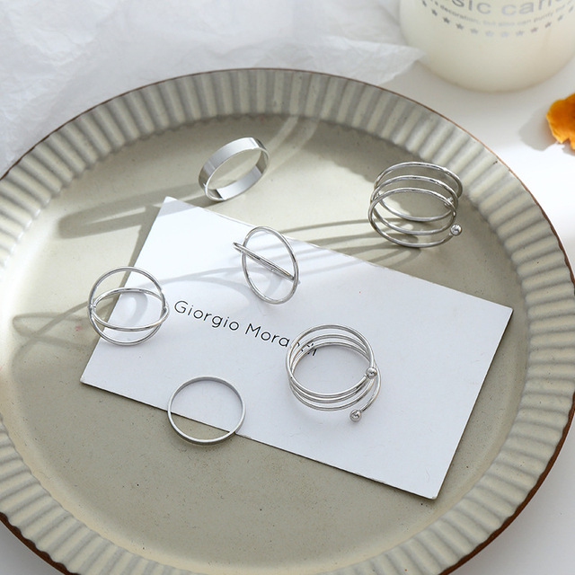 6 stks Gouden Zilveren Kleur Kruis Ringen Set Voor Vrouwen Eenvoudige Brede Ketting Vinger Staart Ringen Open Verstelbare Gezamenlijke Sieraden: Black