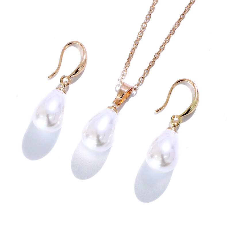 KOMI Polynesian Hawaiian Pohnpei Chuuk Marshall Style Imitation Pearls Copper Teardrop Necklace Pendant Earrings Jewelry Set: GJZ593W