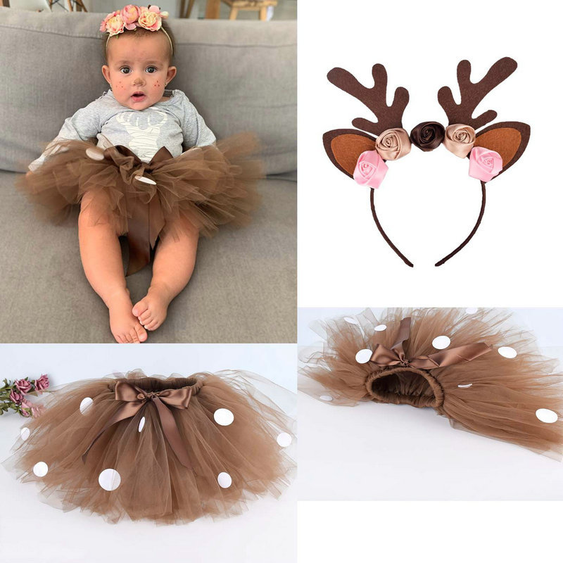Christmas Deer Tutu Skirt +Headband for Girls Kids Deer Costume Baby Girl Deer Skirt Teen Child Outfits for Birthday 0-12Y