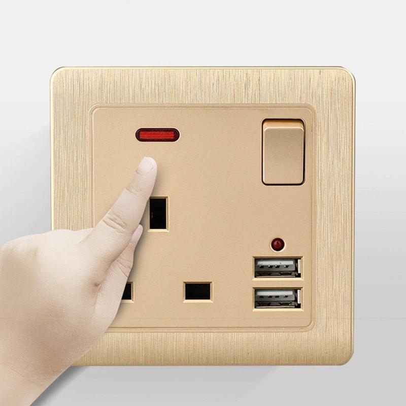 13A British Socket Usb Port Wall Charger Adapter Double Socket Way White Socket Gold 2 D6U3