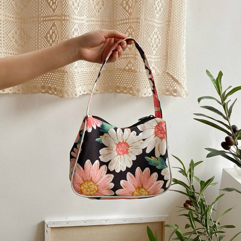 Vintage Canvas Ladies Underarm Armpit Bag Flower Pattern Women Purses and Handbags Girls Hobos Shoulder Bags Small Tote: Default Title