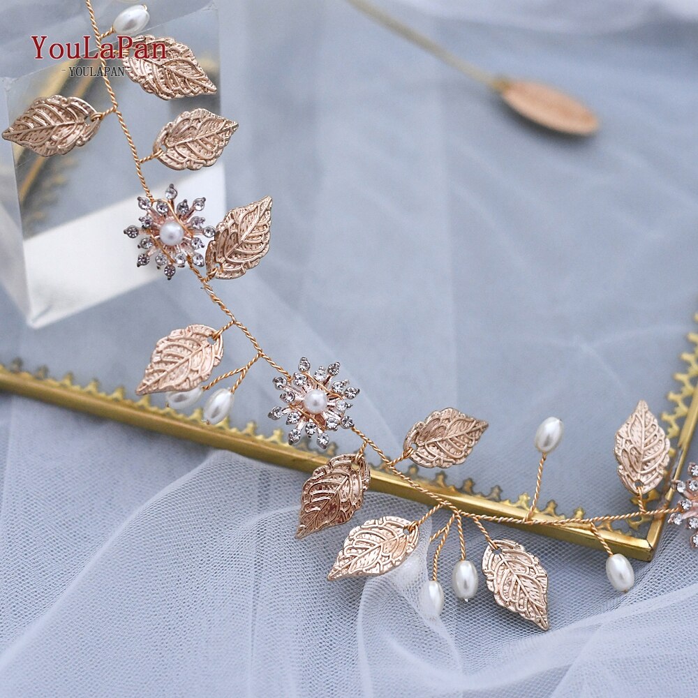 YouLaPan Golden leaf Wedding Headband Noble Bridal Tiara Bride Hair Jewelry Wedding Headpieces Pearl Bridal Hairband HP110