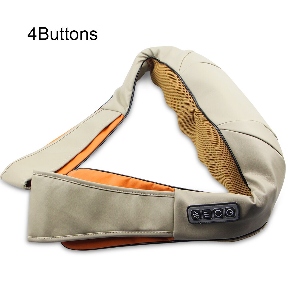 U Electrical Massage Shiatsu Back Shoulder Body Neck Massager Multifunctional Shawl Infrared Heated Kneading Car/Home Massager: 4-Buttons-Beige