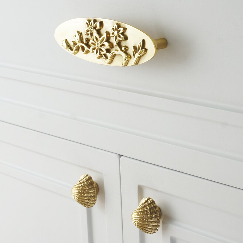 Retro Brass Shell-Shaped Golden Cabinet Knobs Furniture Handles Kitchen Door Handles for Furniture pulls for drawer cupboard