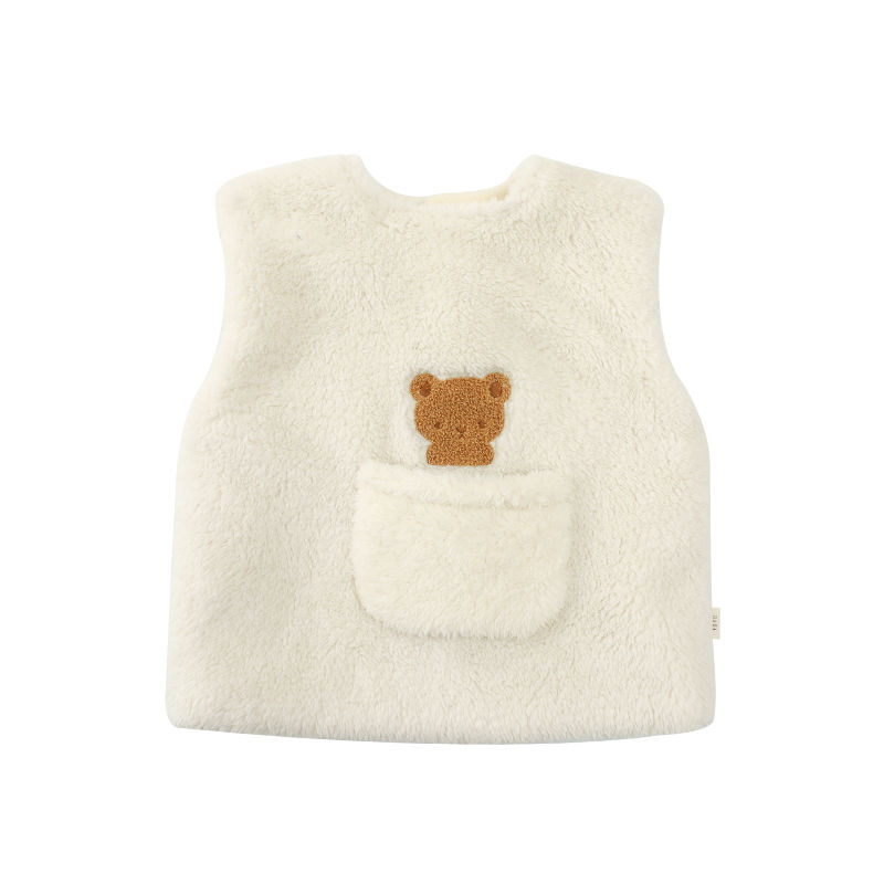 Chłopięca i dziewczęca kamizelka jesienno-zimowa ciepła dla dzieci kreskówka aksamitna kamizelka bez rękawów z dekoltem w kształcie litery "o" kamizelka dziecięca z jagnięciny dziewczęca śliczna gruba kamizelka: Kości słoniowej / 18 m