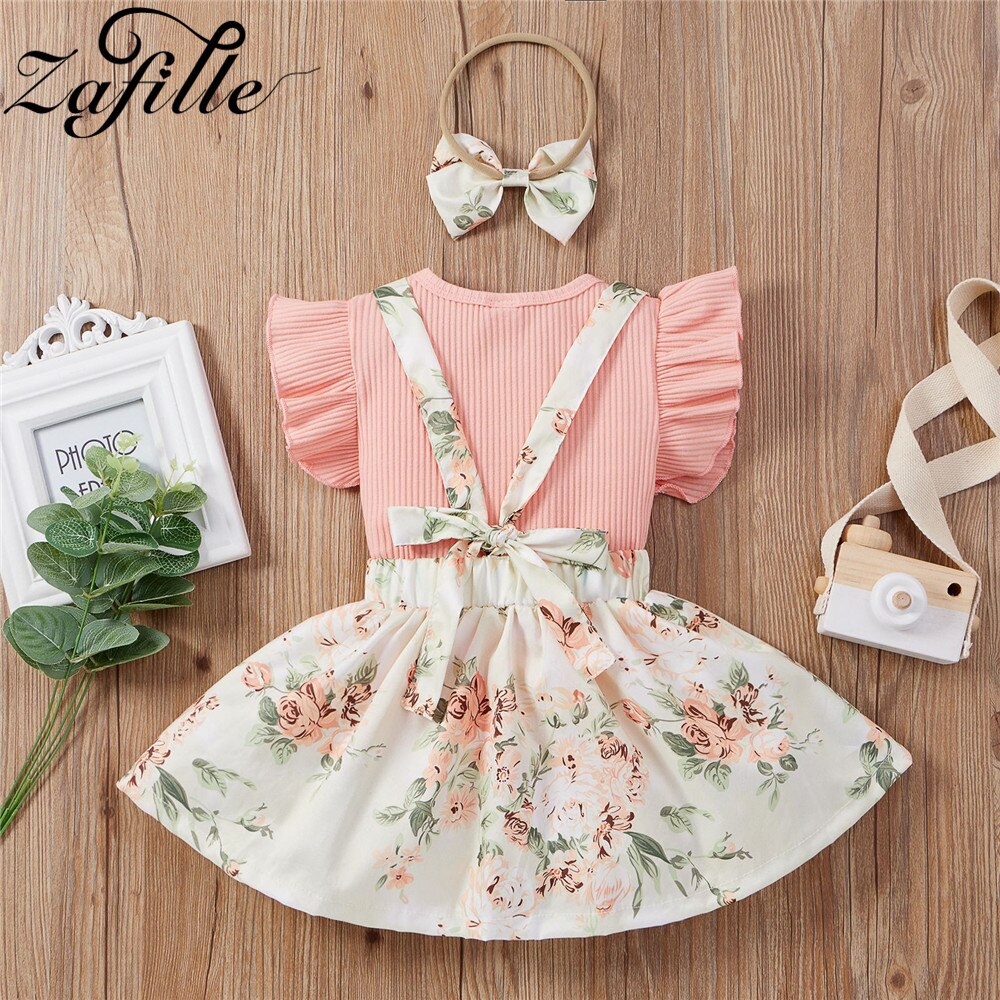 Zlaille – ensemble de jupe pour bébé fille, vêtements d'été en coton tricoté, haut à bretelles, avec bandeau