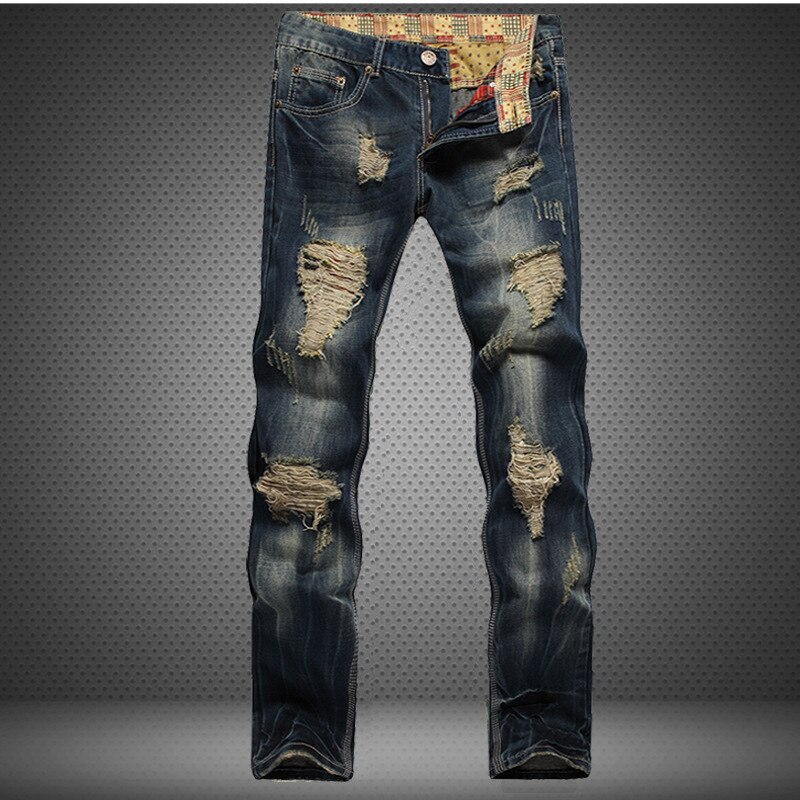 Straight Denim Trousers Ripped Jeans Men Casual Brand Motorcycle Hole Spring Summer Large Size