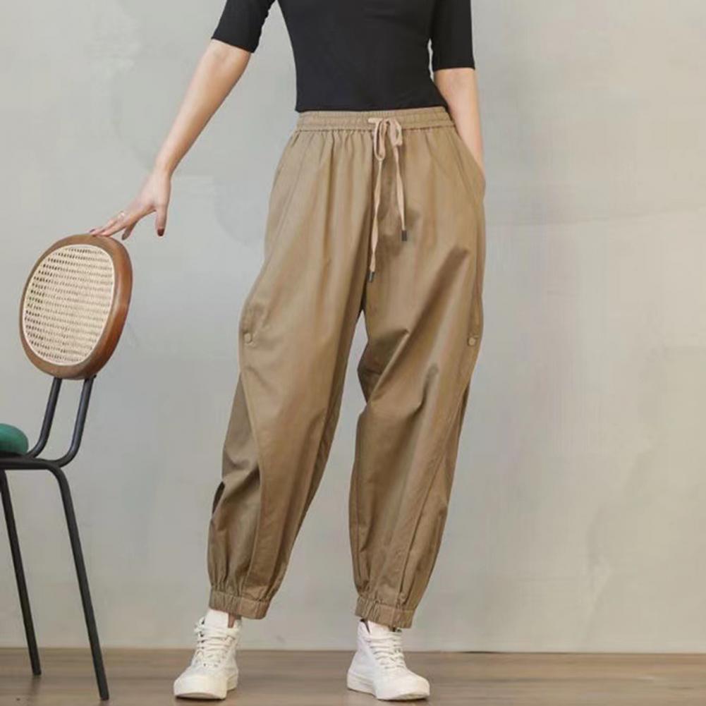 Pants Women Khaki Stylish Pockets Spring Solid Ankle Length Unisex Streetwear Aesthetic Harem Trouser Chic Soft