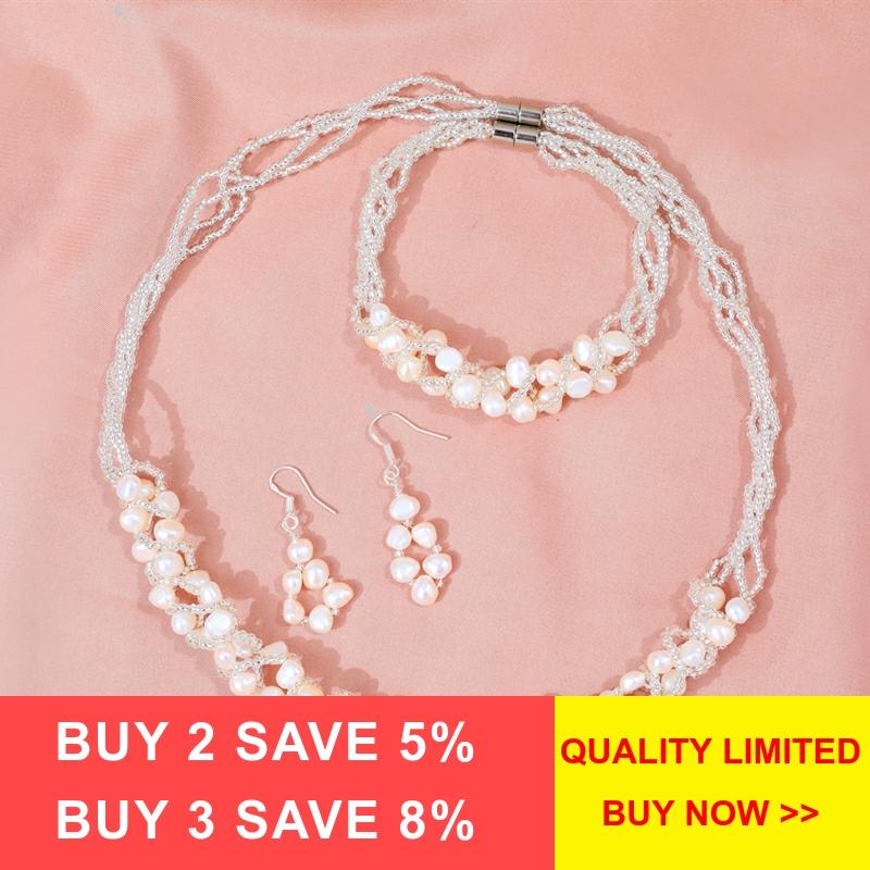 DAIMI 5-6mm Natürliche Süßwasser Perle Schmuck Sets Handgemachte Halskette Ohrringe Armband für Frauen Braut