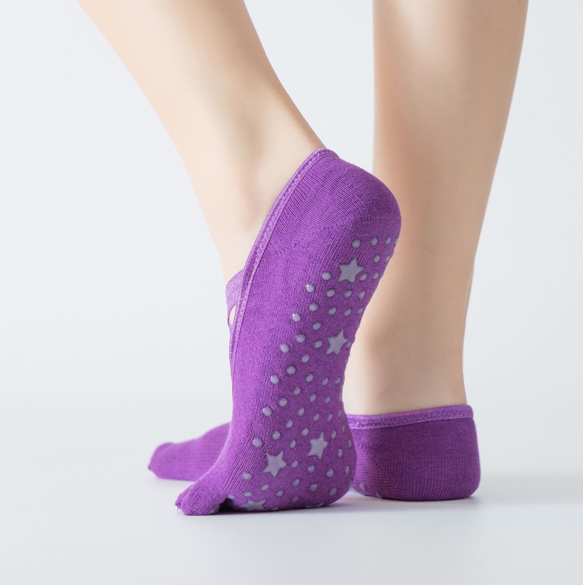 Lace Up Vijf Tenen Yoga Sokken Antislip Star Lijm Dot Grensoverschrijdende Pilates Sokken Vrouwen Katoen Ademende Sokken: purple
