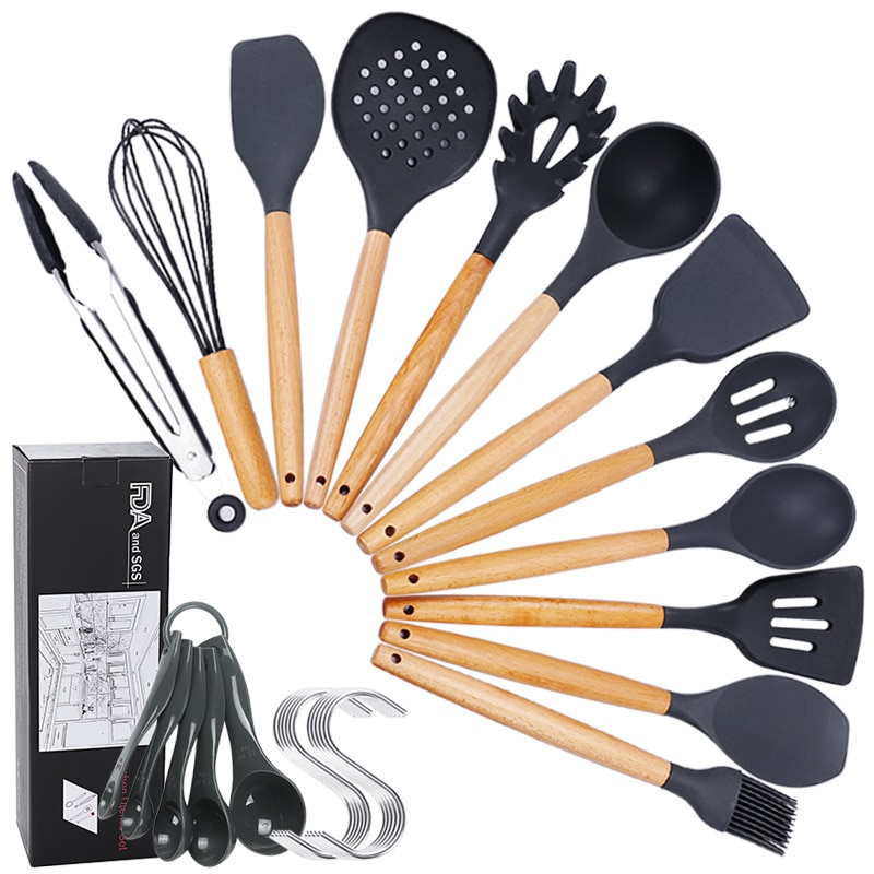 11pcs Silicone wooden handle kitchen utensils non-stick pan shovel tool set soup ladle cooking kitchen tool silicone kitchen