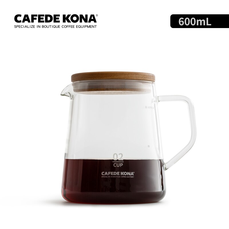 Cafetera KONA, servidor de vidrio resistente al calor y cubierta de nogal, 360ml/600ml, fermentación manual, se puede utilizar con 101/102 goteros y gotero de onda: 600ml (20 oz)