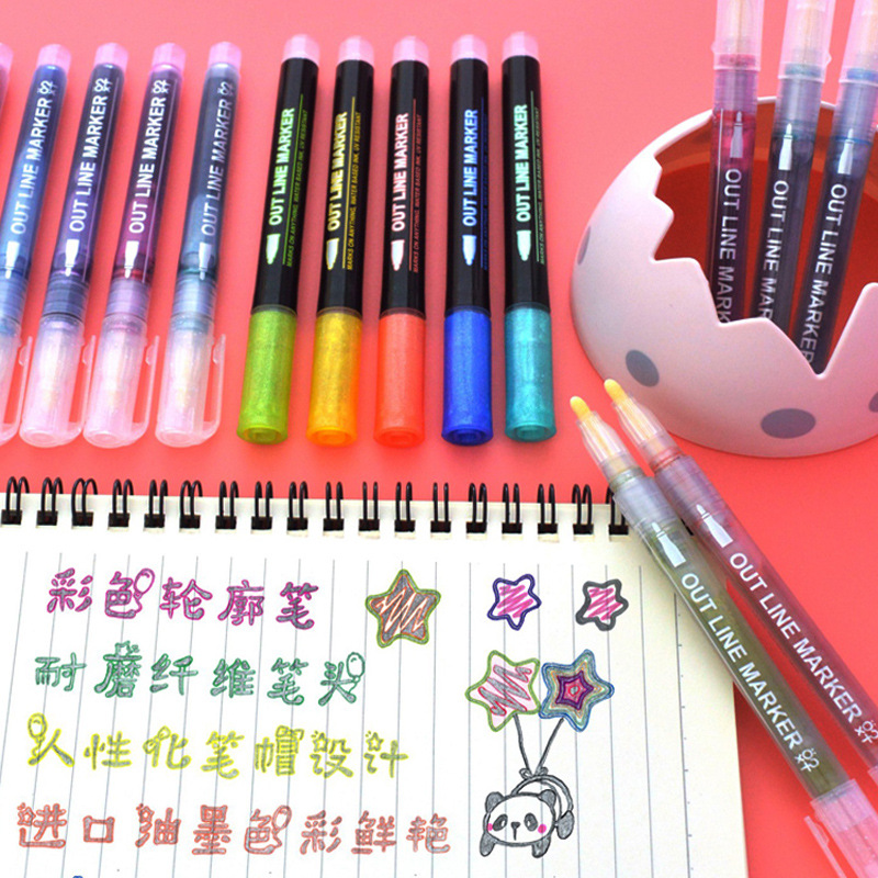 8/12 Colors/Set Double Line Outline Art Pen Fluorescent Glitter Art Marker Pens for Card Making, Birthday Greeting,Painting