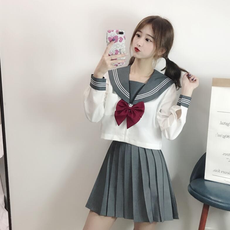 GRAUE Uniform ANZÜGE WEIß 3 LINESTR Japanischen JK setzt Schuluniform Mädchen Sakura Embroideried Hohe Schule Frauen Neuheit JKL031