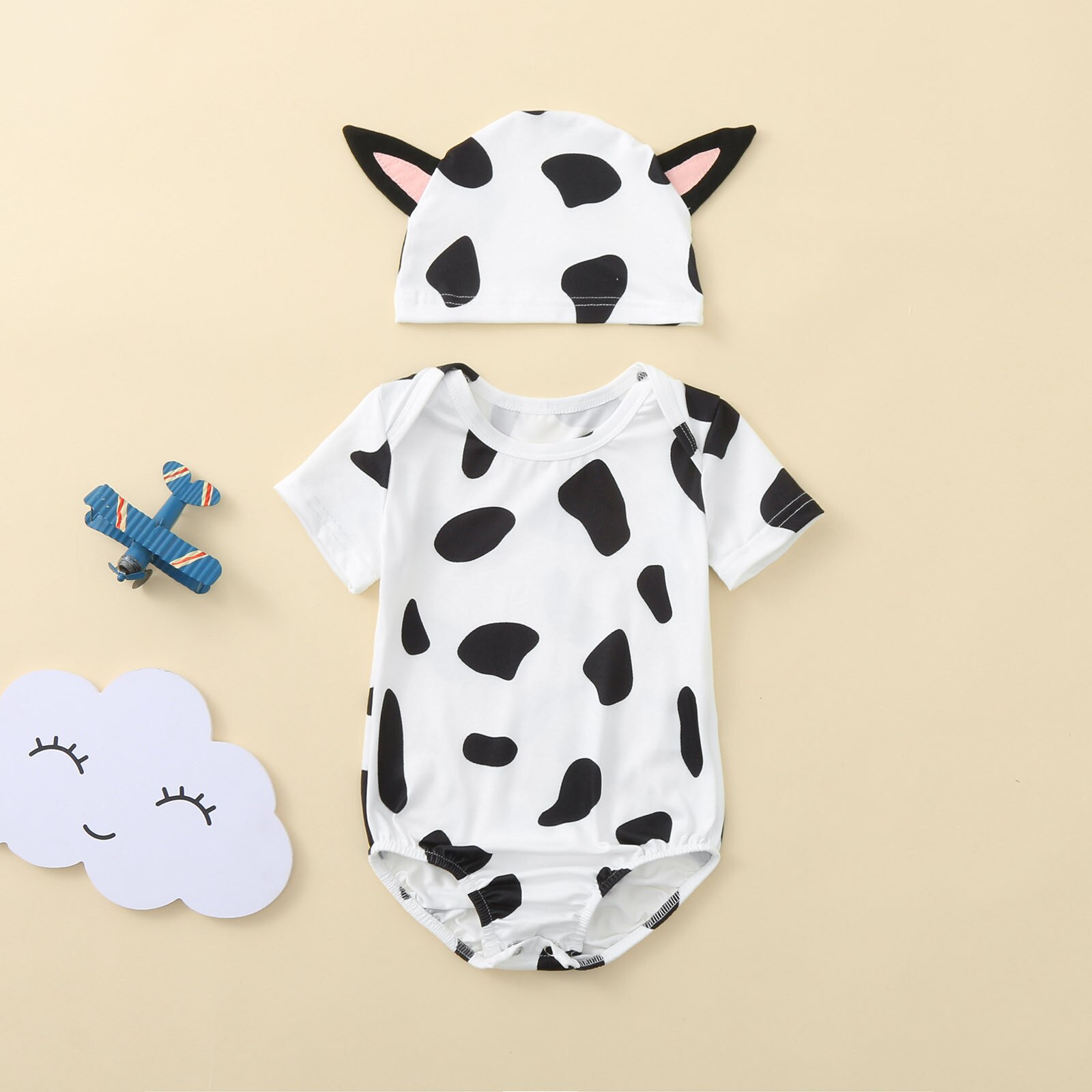 Zomer Baby Baby Boy Meisje Korte Mouw Leuke Bodysuits Cartoon Melkkoe Gedrukt Romper Bodysuit + Hoed Комбинезон Для Малышей
