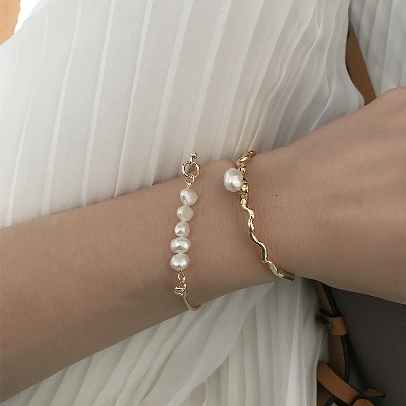 Peri'sbox Gold Unregelmäßigen Kette Aus Echtem Süßwasser Perle Armreif Große Geometrische Perle Armreifen für Frauen Einfache Schmuck