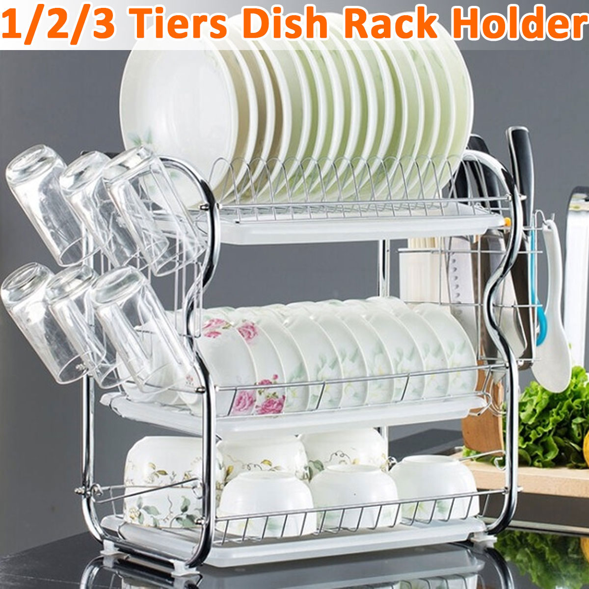 Estante de secado de platos de 2/3 niveles, cesta de hierro chapado, soporte para lavado del hogar, escurridor de platos para fregadero de cocina, estante organizador