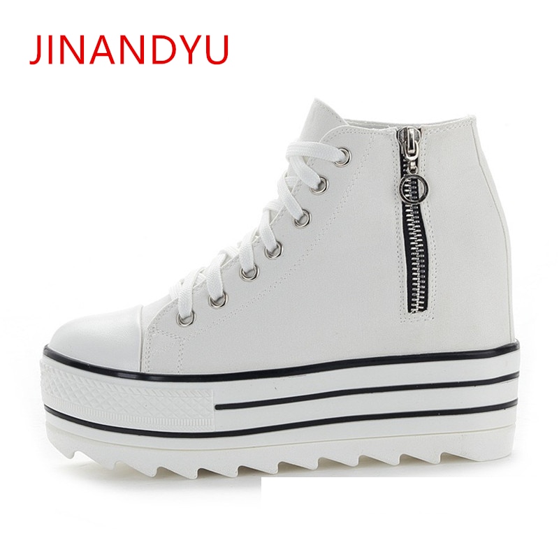 Vita kilar canvas skor kvinna sneaker höga platåskor high top sneakers dam dold klack ledig dragkedja vulkaniserade skor