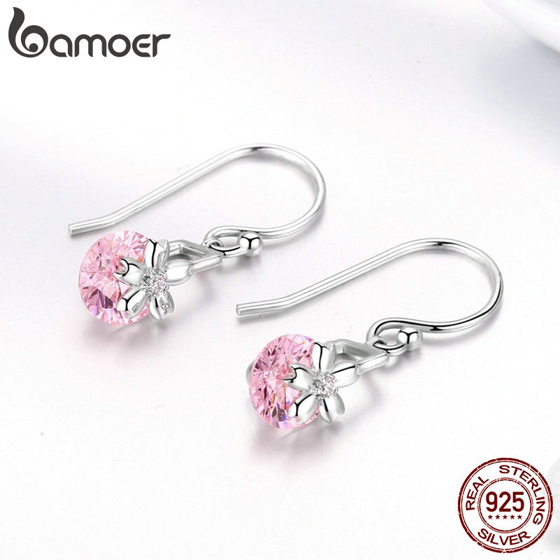 Bamoer romântico 925 prata esterlina sakura rosa flor zircão cúbico gota brincos feminino jóias de casamento bse039