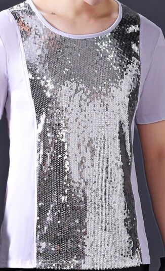 Camiseta de manga corta de lentejuelas de plata de tendencia de cantante masculino DJ de tambor de baile de discoteca de Bar: XL