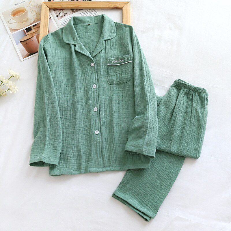 Conjuntos de Pijama de manga larga de algodón para Mujer, ropa de dormir de gasa, traje de estar por casa, 2 uds., otoño: green / XL