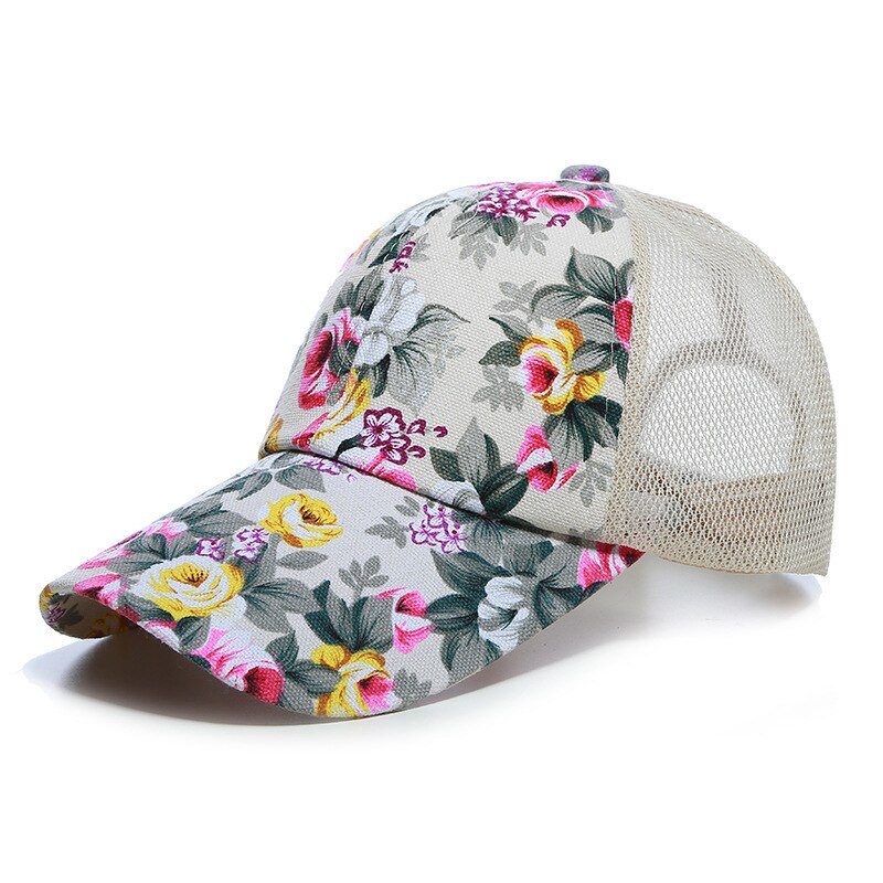 Womens Zomer Caps Netto Trucker Hoed met Gedrukte Bloemen Zwart Rood Blauw Paars
