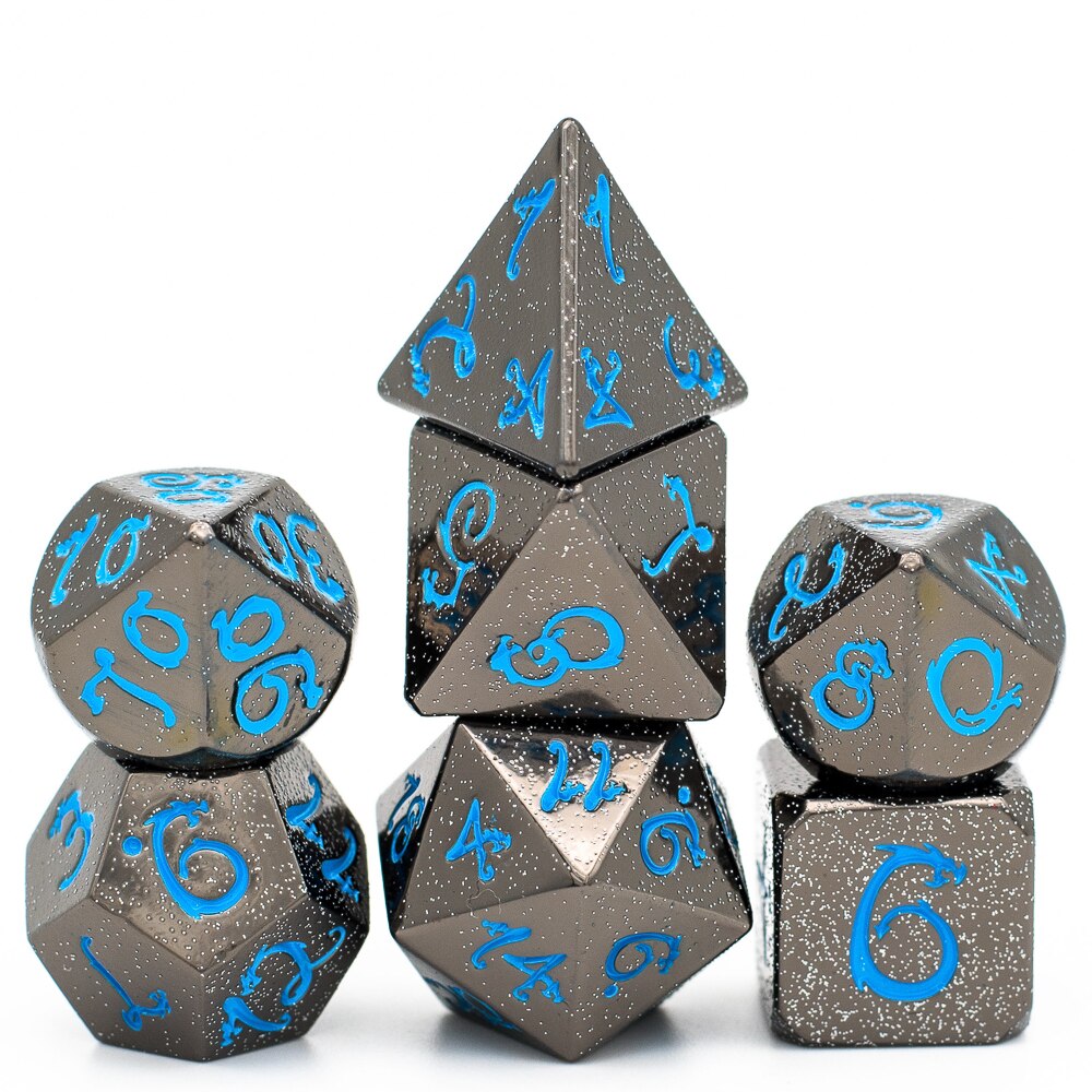 Cusdie Silber Pulver Metall D & D Würfel mit Drachen Schrift, 7 Stck DND Würfel, polyedrisch Würfel einstellen, für Rolle Spielen Spiel MTG Pfadfinder: DR34 Blau Zahlen