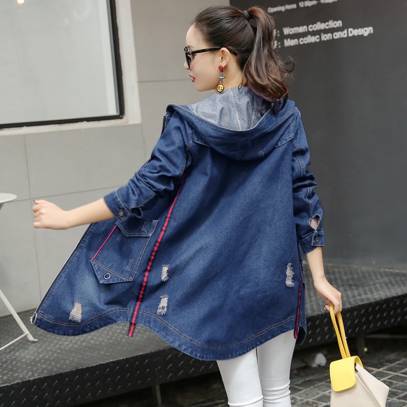 Sommer kvinder denim overtøj slim cowboy jakke kvinders mellemlang hætte stor størrelse dame vindjakke  cw350