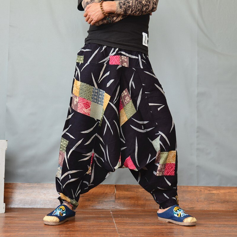 Pantalones bombachos para hombre con dibujo étnico bombachos grandes de algodón y lino respirables, pantalones largos Retro holgados con farol, pantalones de talla grande