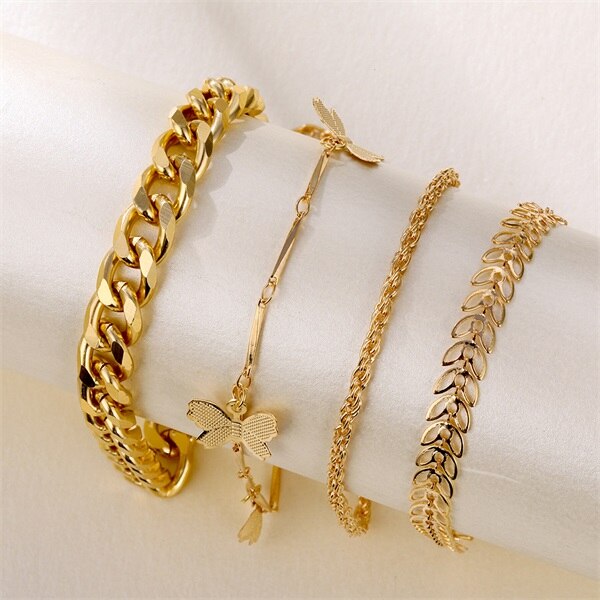 Es 4 unids/set encanto cubano cadena pulseras para las mujeres Miami Bohomia de oro brazaletes de pulseras mujer joyería de: 47ENS0658