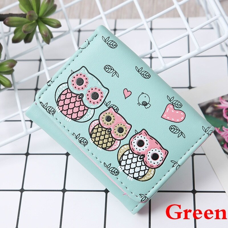 Women Cute Mini Wallet Owl Pattern Coin Purse Students PU Leather Card Bag womens wallets and purses: Green