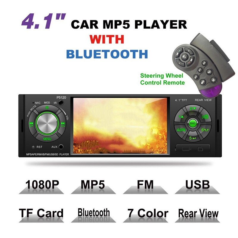 4.1Inch HD Single DIN Bluetooth Car Stereo Audio Radio FM Receiver 1080P Video Player MP3/USB/SD/TF/AUX/FM