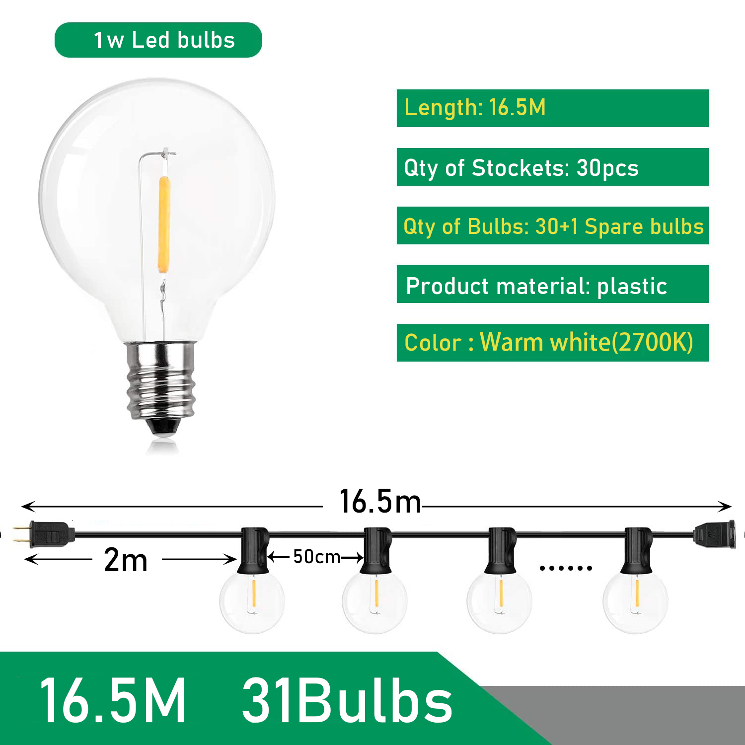 Festoon led globe lyskæder  g40 udendørs til jul fødselsdagsfest haveindretning guirlande lamper gade terrasse baghave: Grøn / 75w