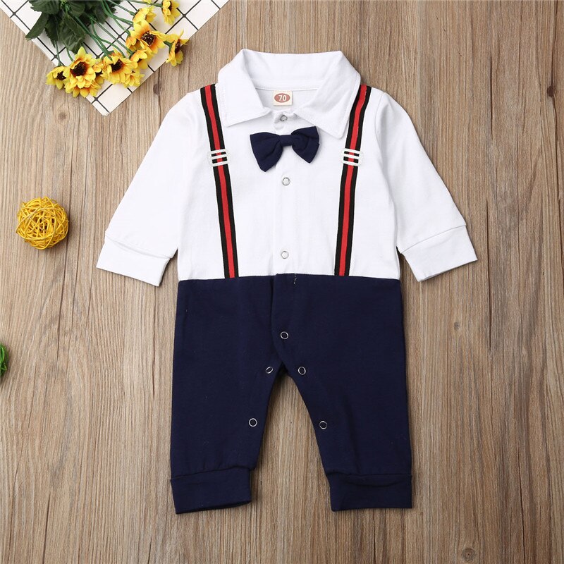 Caballero niños bebés mono pajarita Romper Tops de manga larga de algodón otoño ropa trajes