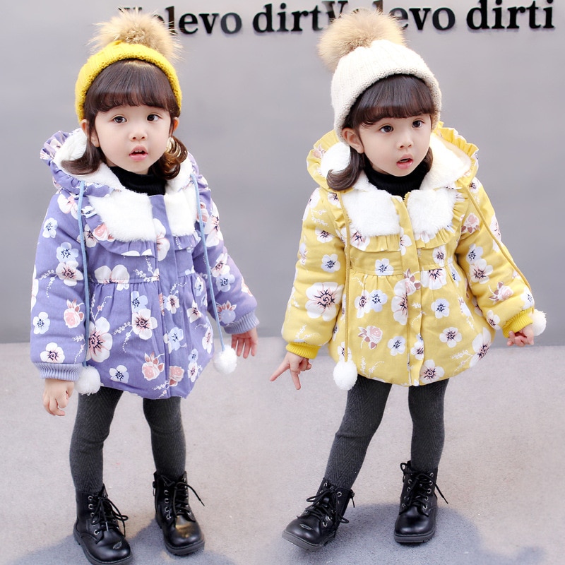 Cute Winter Baby Girls Coat Kids Girls Jacket Warm Children Outerwear Flower Thick Cotton Padding Girls Coat Children Clothing