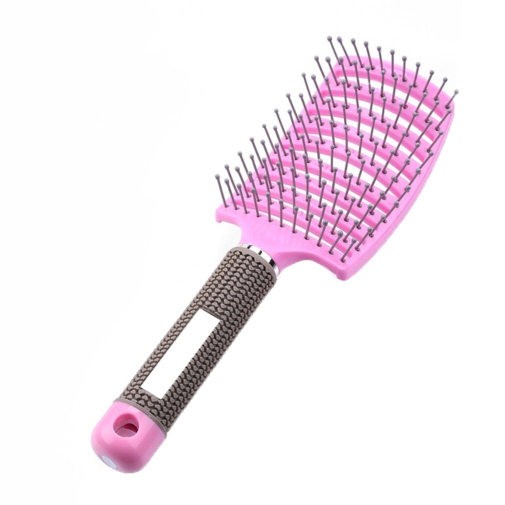 Peine curvado grande con Cerdas de cerdo, peine de masaje antiestático con forma de peine de nueve filas, peine de pelo liso de plástico rizado: pink