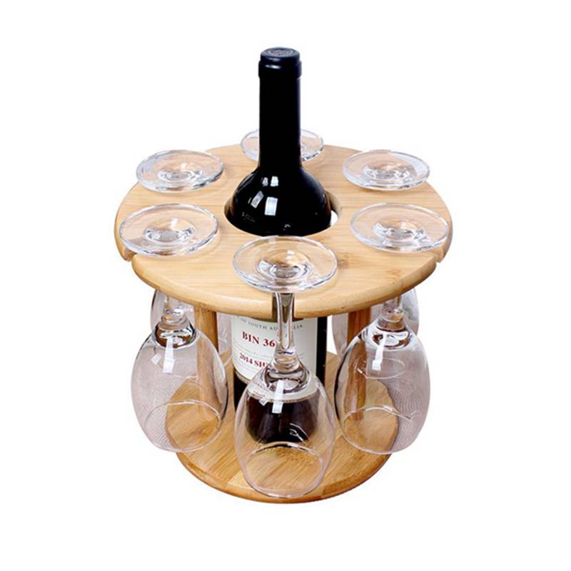 BMBY-Wine Glass Holder Bamboo Tabletop Wine Glass Drying Racks Camping for 6 Glass and 1 Wine Bottle