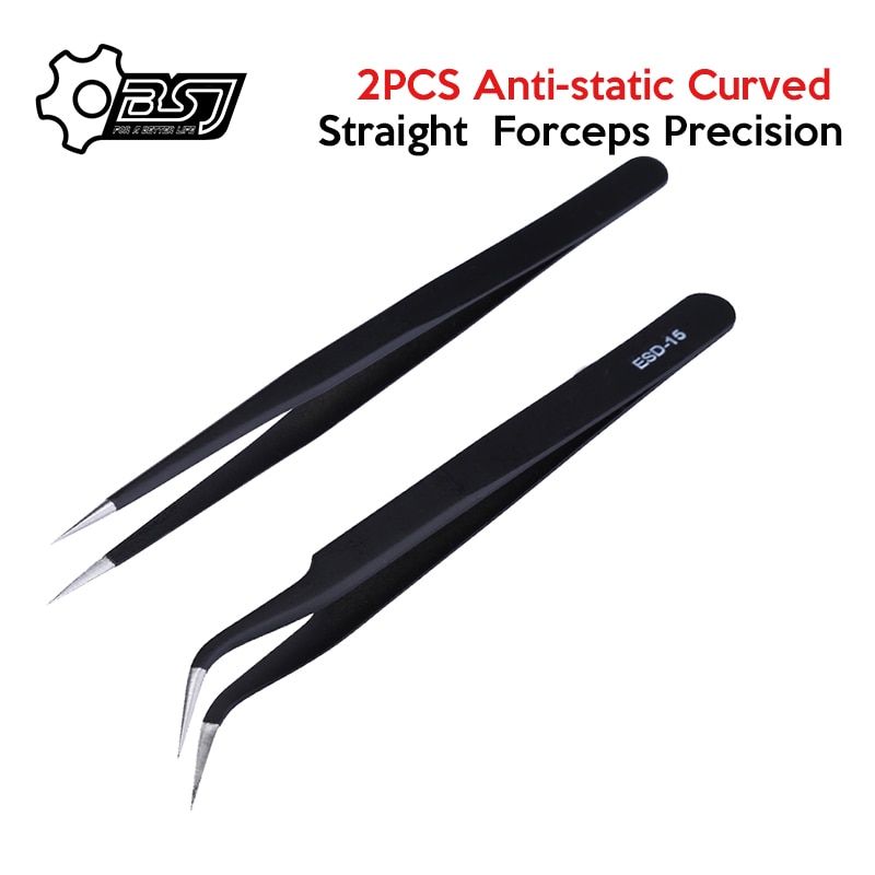 2Pcs ESD-14 ESD-15 Anti-Statische Gebogen Rechte Tip Pincet Precisie Solderen Pincet Set Elektronische Esd Pincet Tool