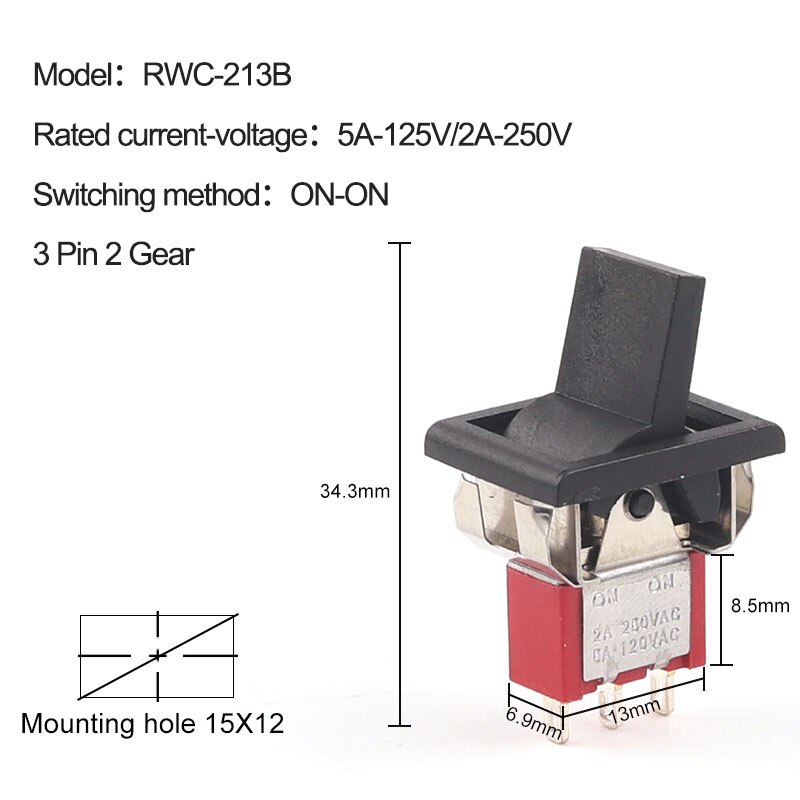 5pcs/Lot Mini Paddle Toggle Switch SPDT 2/3 Position Square Snap-in Panel Mount 5A125V 2A250V ON-ON ON-OFF-ON: black