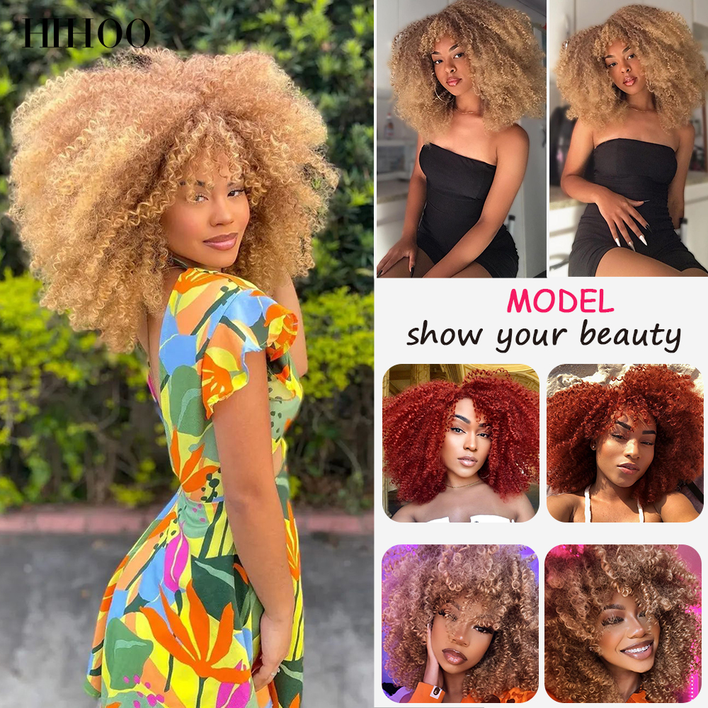Pelucas rubias de pelo corto para mujeres negras, Afro, rizado, flequillo, Cosplay, Lolita, sintético, Marrón Natural, mezclado