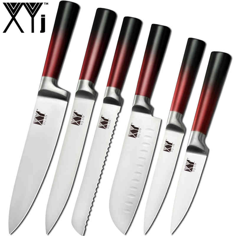 Xyj 9 stk rustfritt stål kniver sett kjøkken saks slipeverktøy bar kokk brød santoku skjæringe verktøy skrelle kniv: 6 stk sett