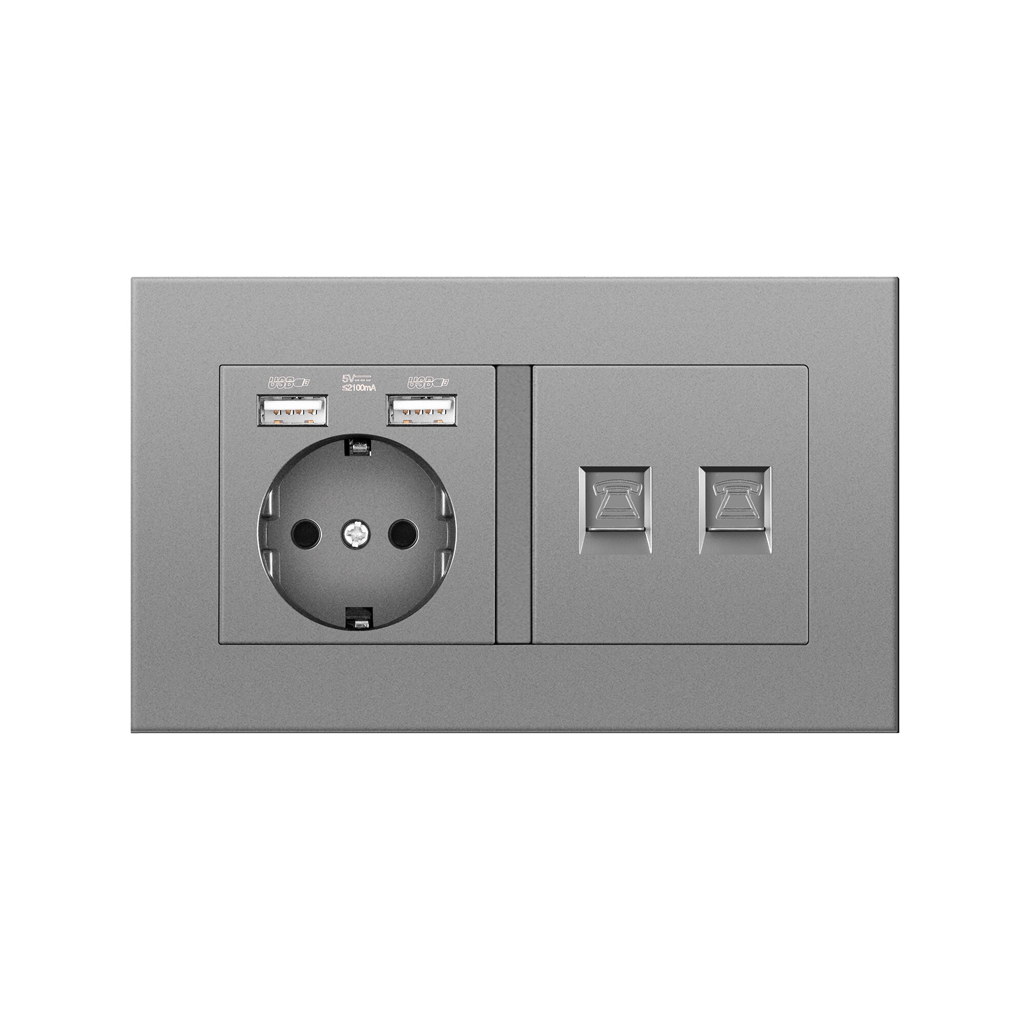 Germany home Wall Power Socket With DIY socket RJ45 switch TV computer Retardant PC panel 146*86mm Electricity outlet,Gray: Socket2phone