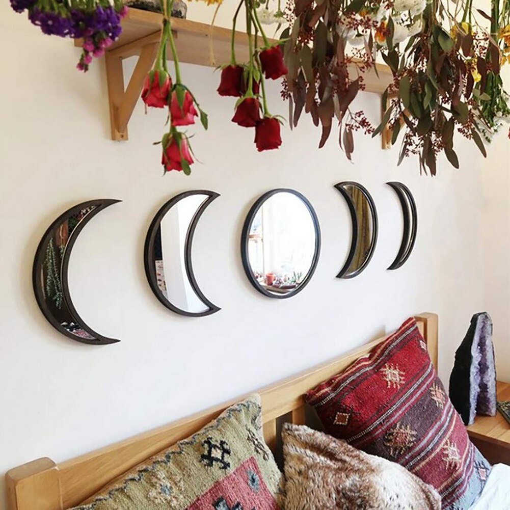 5 unids/set Estilo nórdico forma de luna fase de Madera acrílico montaje en pared espejo sala de estar dormitorio Decoración