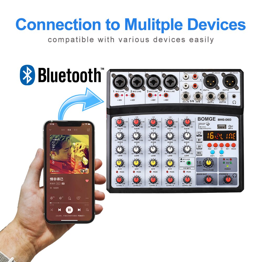 Wireless 6 Channel Audio Mixer Portable Mixing Console USB Interface Sound Card With 16 DSP Echo 48V Phantom Power