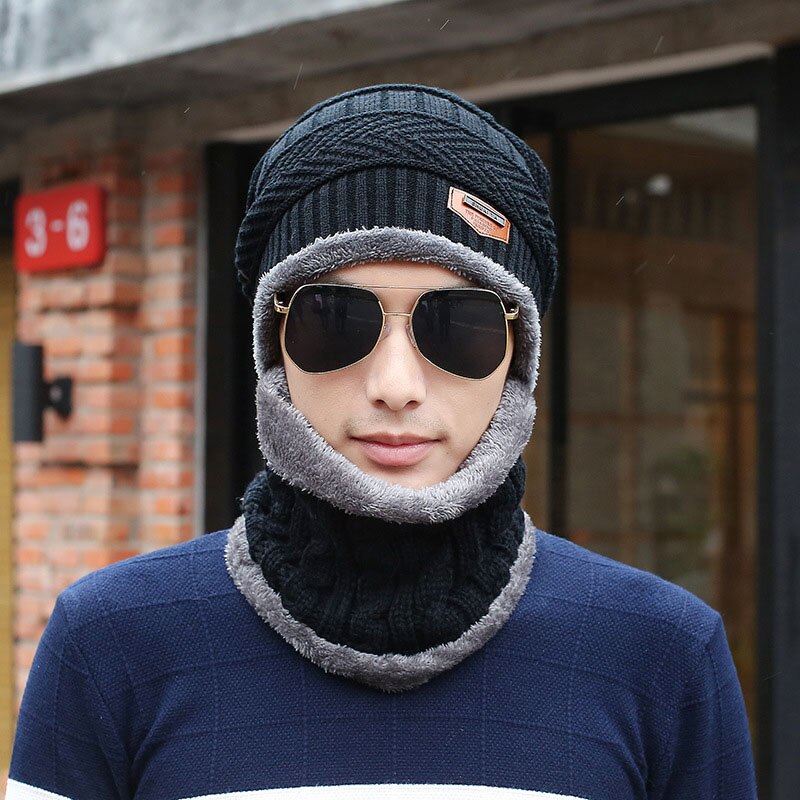 Calymel Men's Cap Set Outdoor Ski Cap Winter Warm Wool Knit Hat And Scarf Earmuffs Hat: G30 black