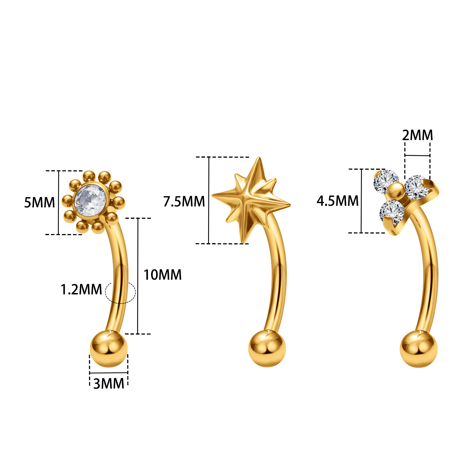 G23 Titanium ASTM-F136 interne draad Wenkbrauw Piercings Lichaam Sieraden Voor Vrouwen zirkoon Oorbel Ster Bloem Hart