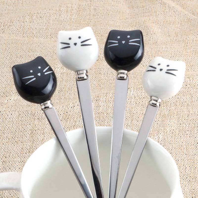 Sød sort / hvid kat rustfrit stål gaffel tegneserie dejlig kaffe mælk te keramisk røre ske 1 stk