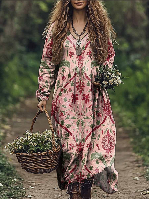 Casual Women's Printed Dress Spring Round Neck Long Sleeved Loose Geometric Pattern Printed Large Swing Dress For Women: S / Pink