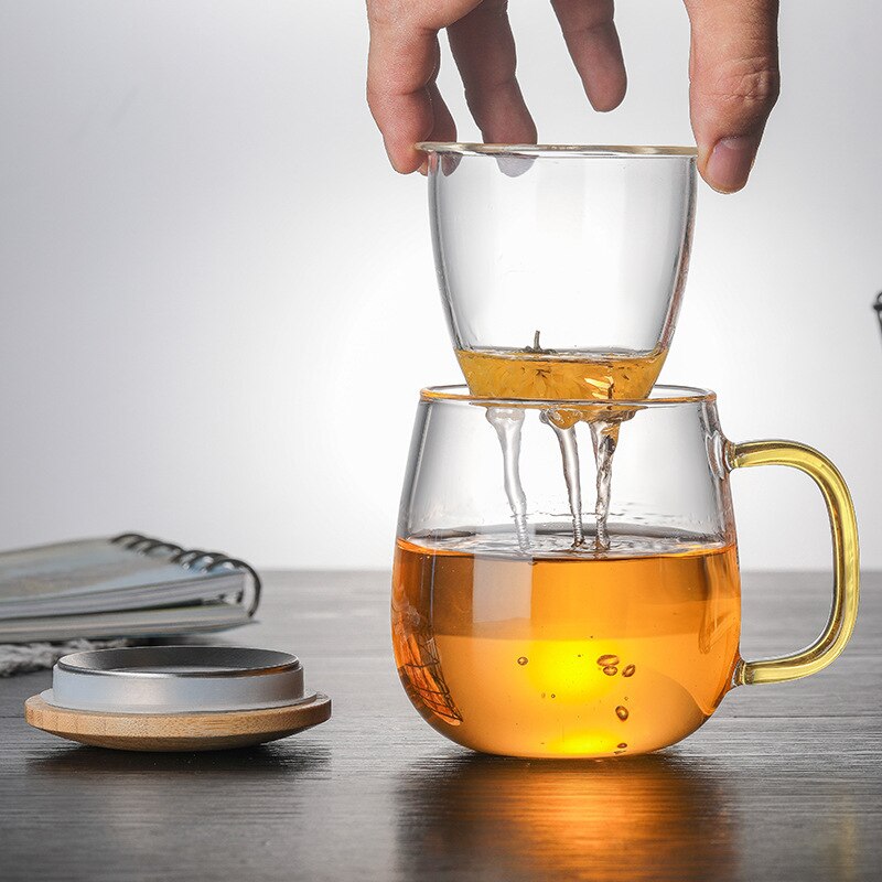 Glass Tea Infuser Cup With Transparent Filter Handle Bamboo Lid Heat-resistant Flower Teacup Office Tea Mug Drinkware