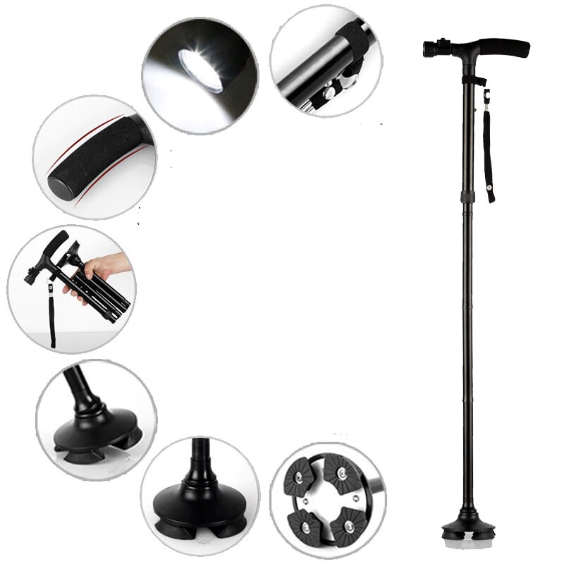 Outdoor T-handle 4 Folding Crutch 360 Degree Hiking Trekking Pole Cane Stable plate Walking Stick for old people